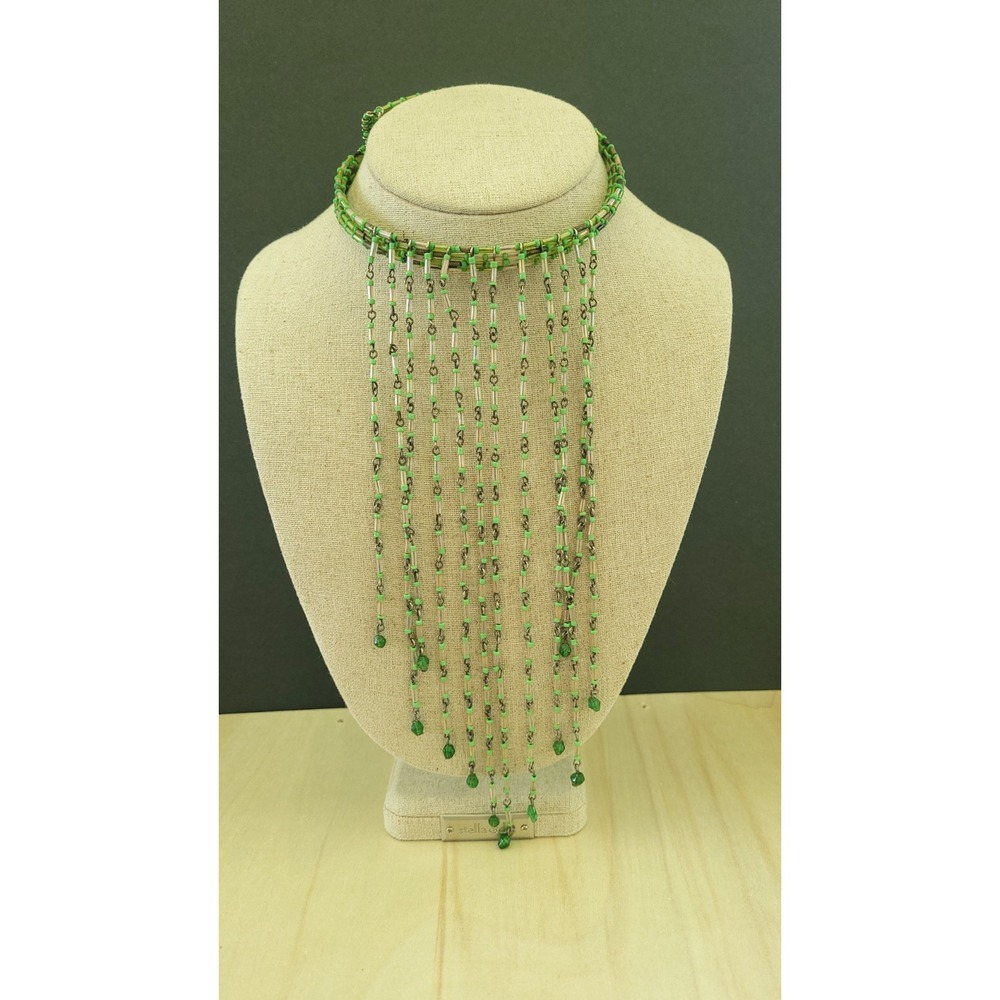 Handmade Green Glass Bead Fringe Collar Necklace Adjustable Statement Boho